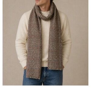 Line of Trade MENS Plaid Merino Wool Frayed Scarf Brown Tan